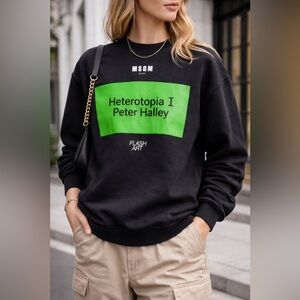 MSGM Black Crewneck Sweatshirt with Bright Green Panel